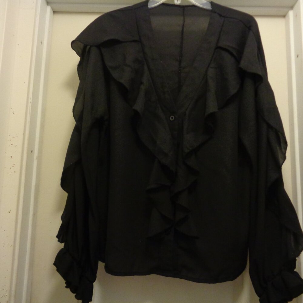 Classic Feminine Girl Ruffles Ruffles Ruffles Black Crepey Blouse 2 X